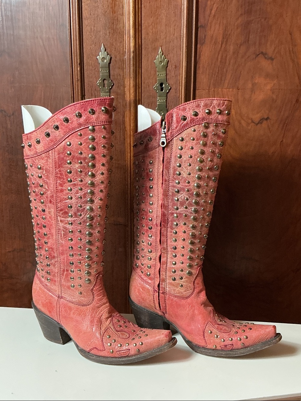 Corral Red Studded Leather Cowboy Boots with Side Zip